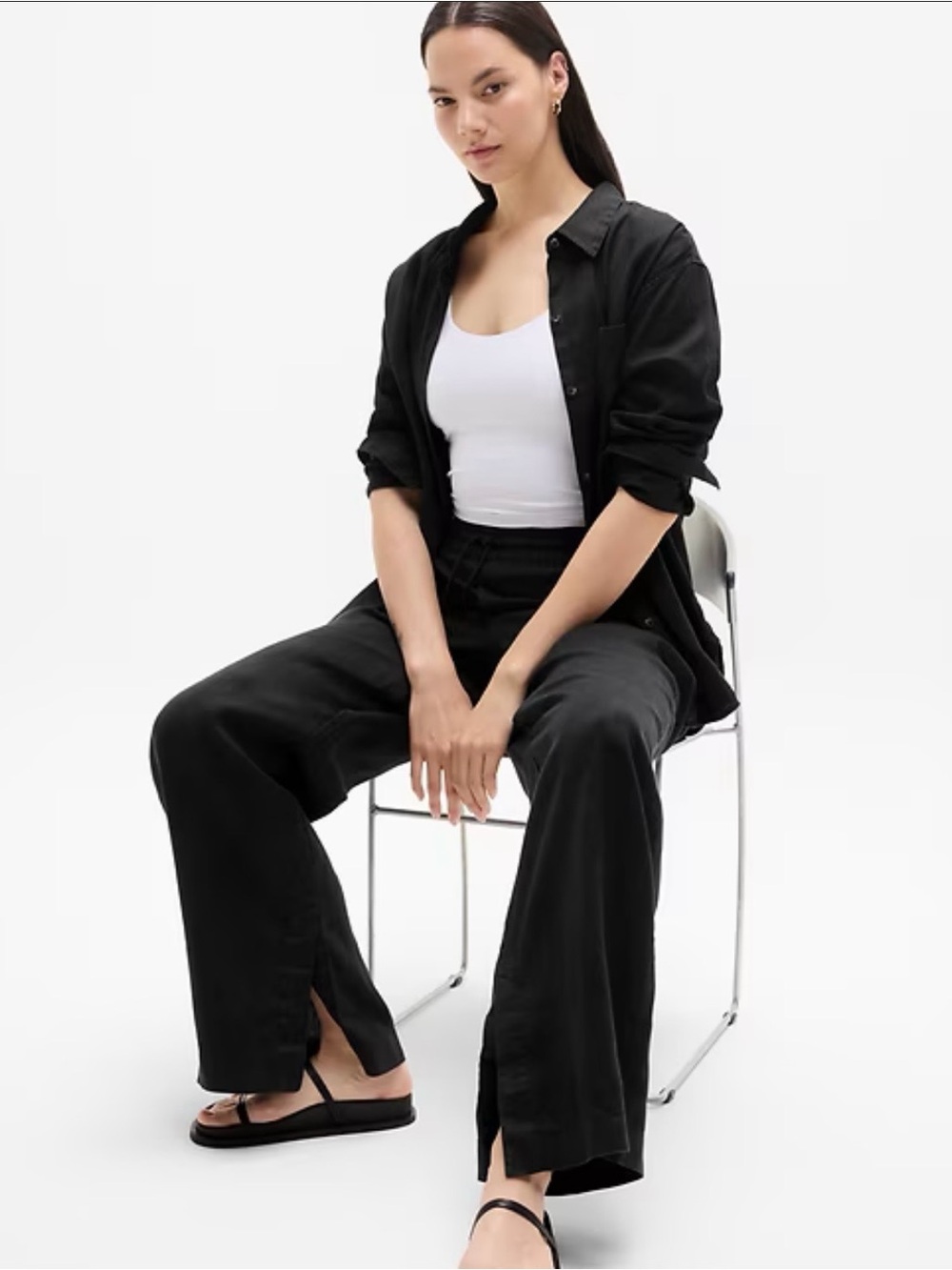 Athleta Retreat Linen High Rise Wide Leg Split Hem Pant Black L